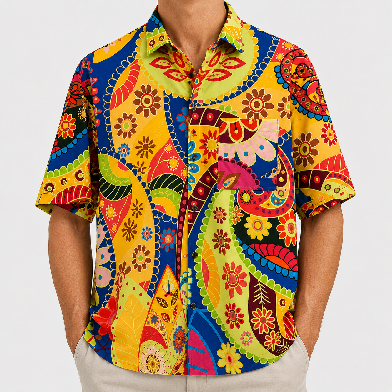 Camisa Tropical Estampada Manga Corta amarilla 3